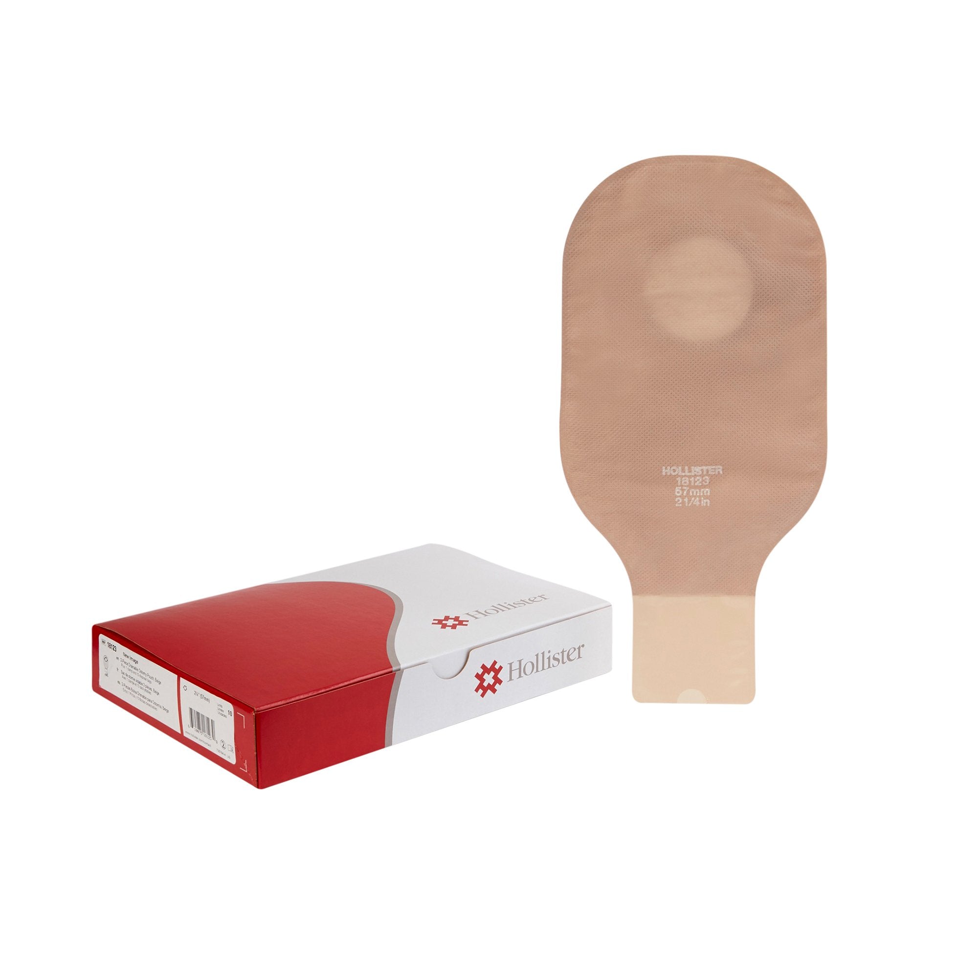 New Image™ 18123 2-Piece Beige Colostomy Pouch, Pre-cut to Fit 57mm Stomas, Red