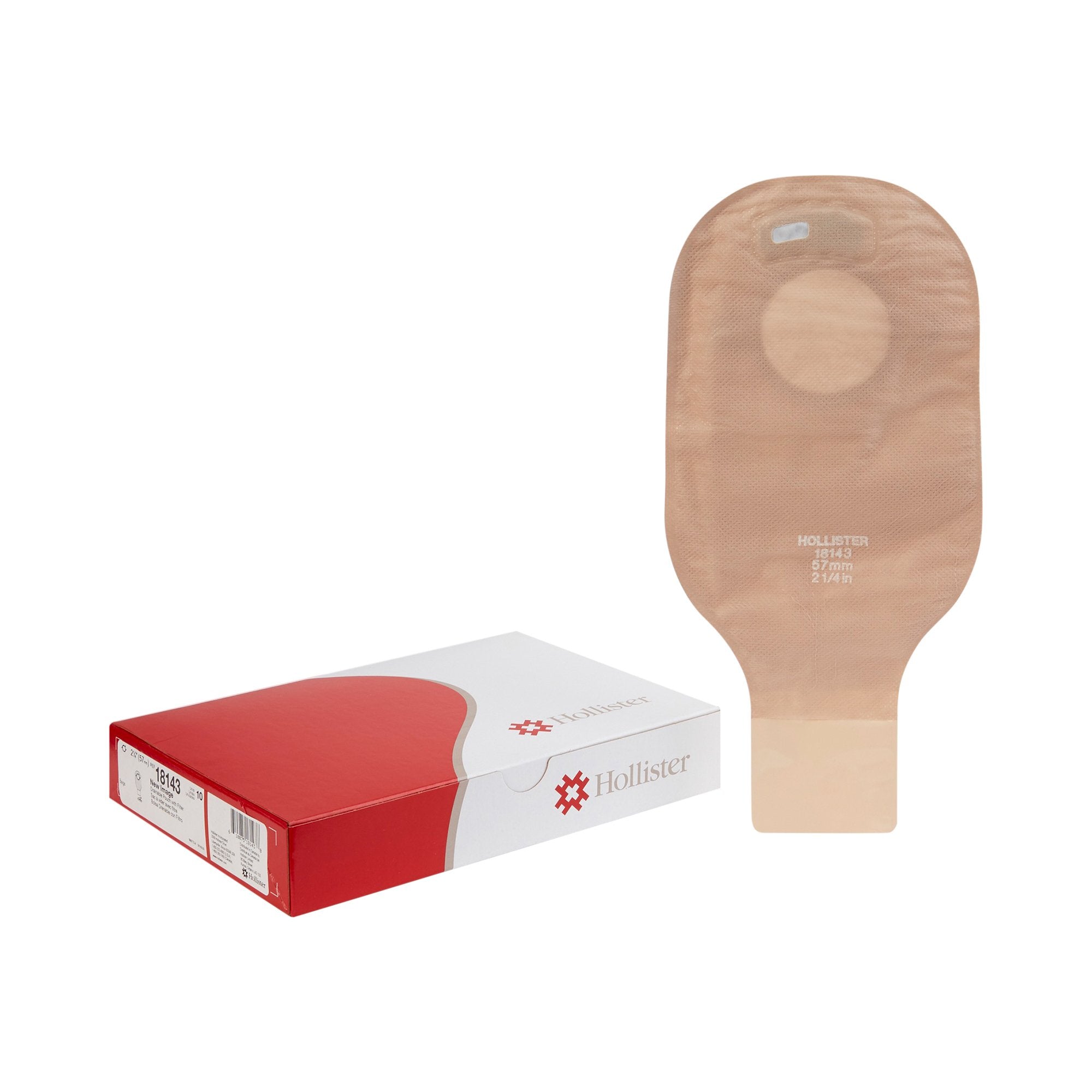 New Image™ 18143 2-Piece Beige Ostomy Pouch, Pre-cut to Fit 57 mm Stomas, Red