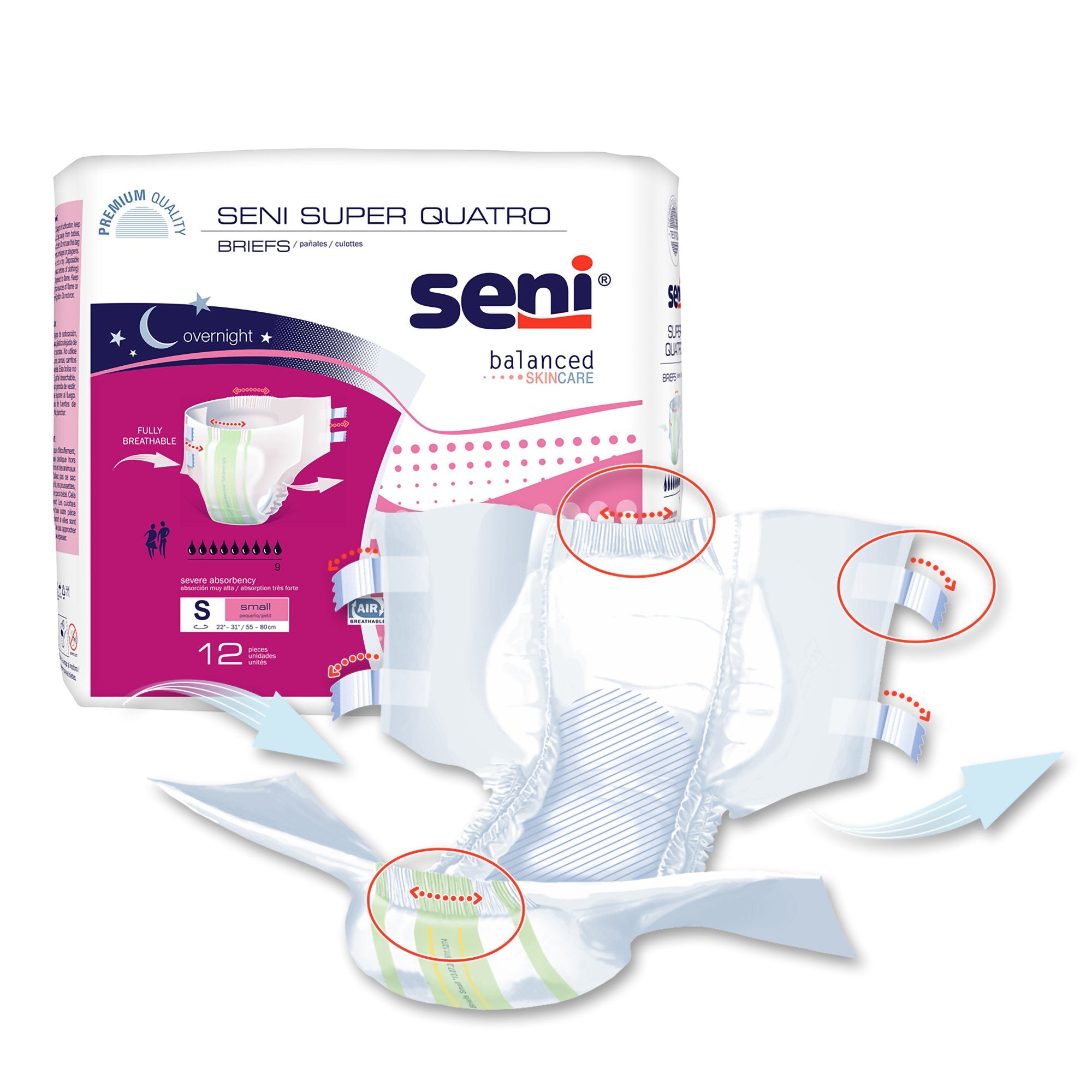 Seni® Super Quatro Severe Absorbency Incontinence Brief, Small, PK