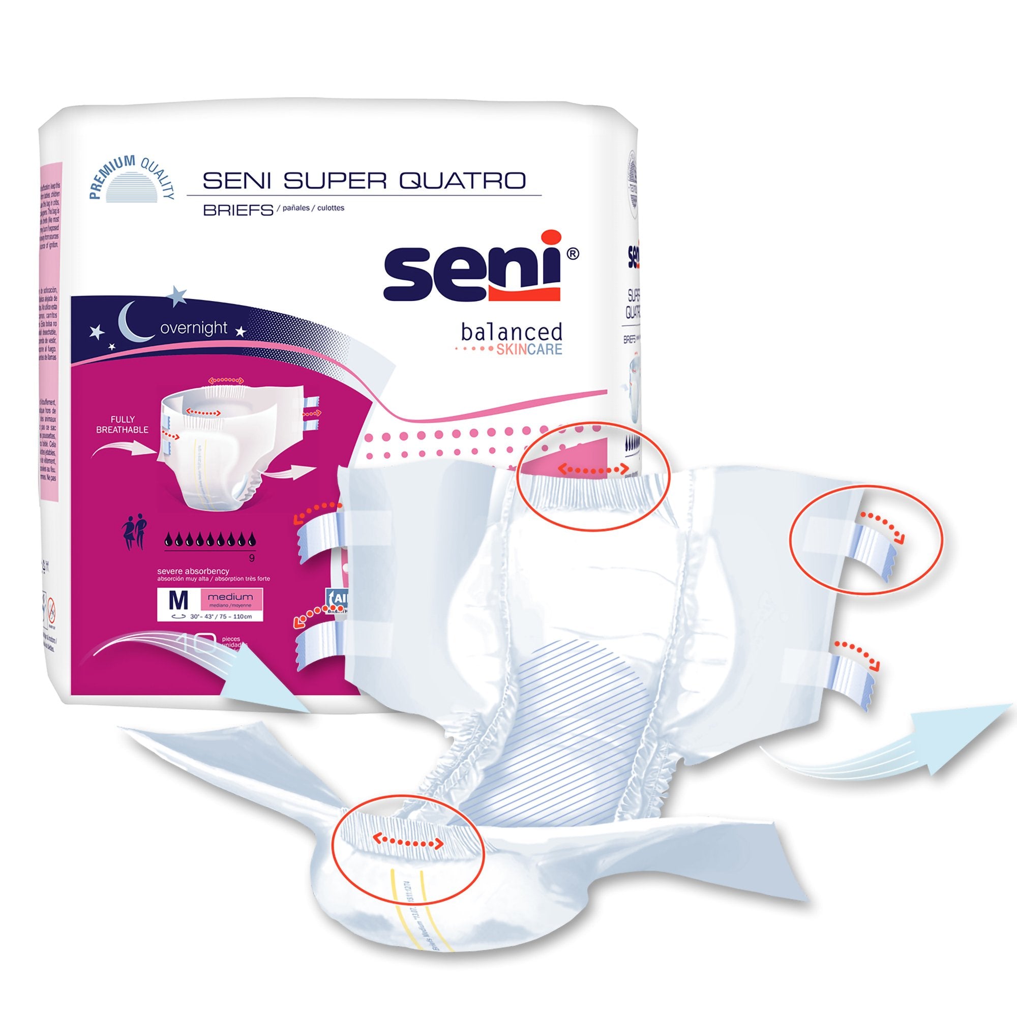 Seni® Super Quatro Severe Absorbency Incontinence Brief, Medium, PK